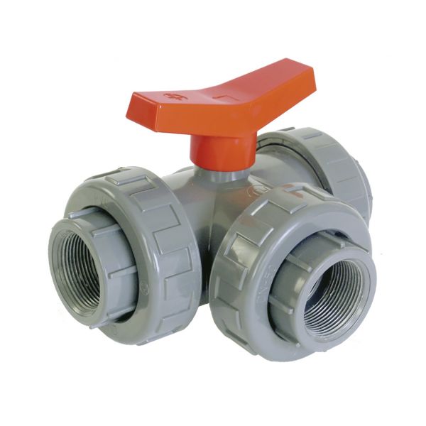 VALVULA BOLA 3 VIAS STD.EPDM PVC ROSCAR 