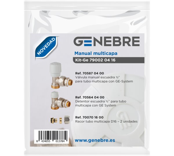 KIT RADIADOR MANUAL VALVULA  ESCUADRA ENTRADA + DETENTOR ESCUADRA + 2 CASQUILLOS COBRE MULTICAPA 16  